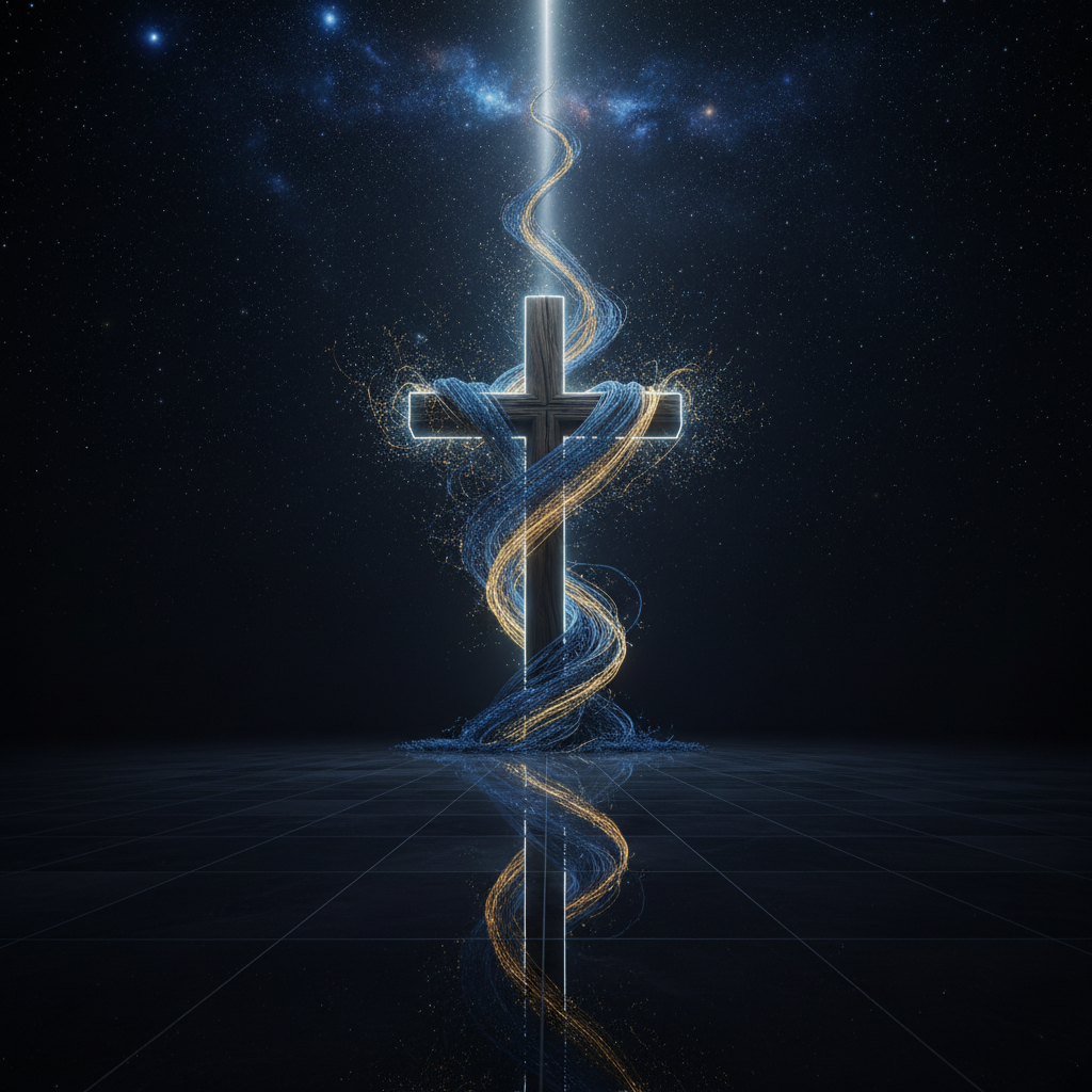 An intricate, life-sized wooden cross carved from dark olive wood stands upright in the middle of a vast, polished onyx floor that reflects it like a mirror. Instead of a figure, the cross is wrapped in shimmering quantum filaments—fine threads of luminous blue and gold light spiraling upwards, dissolving into a canopy of constellations and nebulae overhead. A single narrow beam of cool white light descends from above, rim-lighting the edges of the cross and filaments, leaving the surrounding space in softened shadow. Shot in photographic realism from a low angle with strong symmetry, the atmosphere is solemn yet expansive, evoking kingship, transcendence, and the merging of ancient faith with the fabric of spacetime.